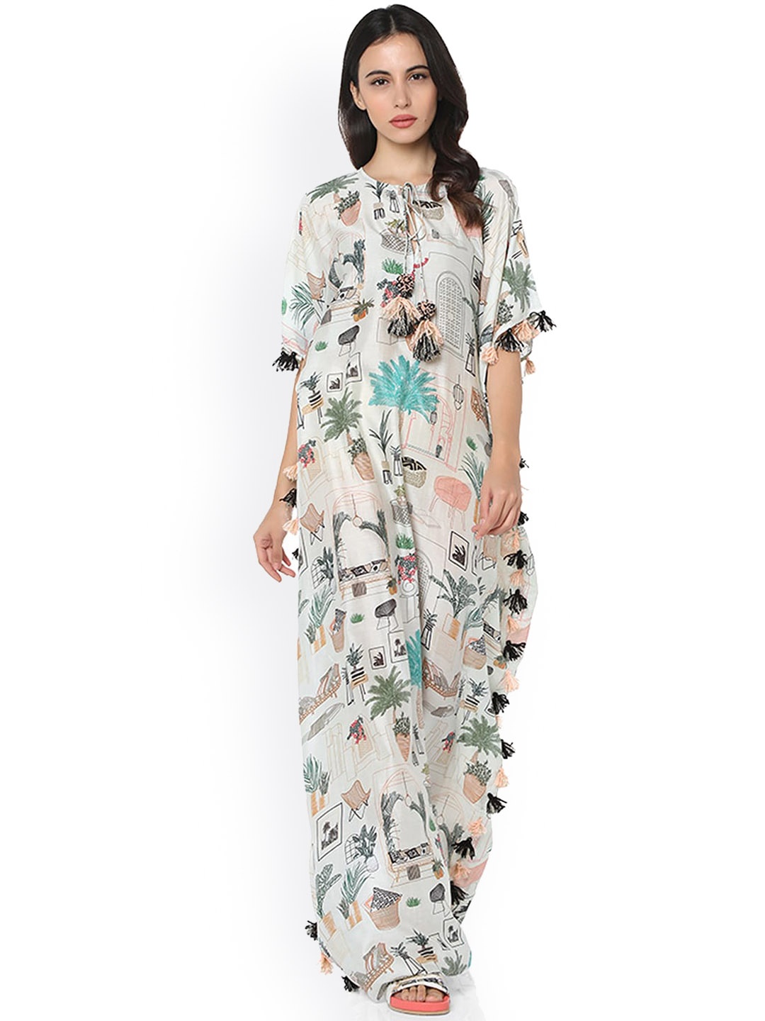 

PS PRET BY PAYAL SINGHAL White Tie-Up Neck Silkmul Kaftaan