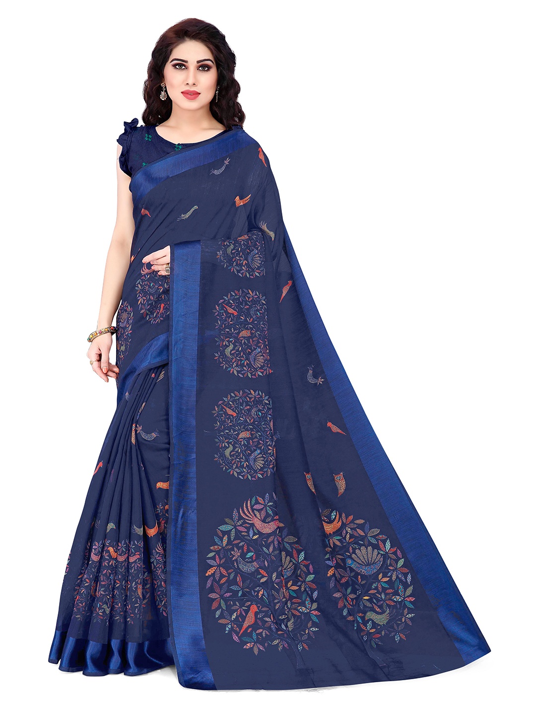 

KALINI Navy Blue & Orange Baluchari Saree