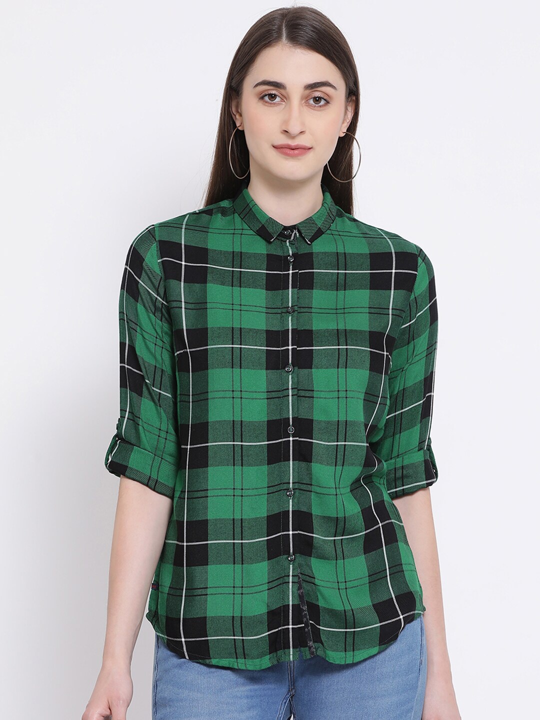 

Crimsoune Club Women Green Slim Fit Tartan Checks Checked Casual Shirt