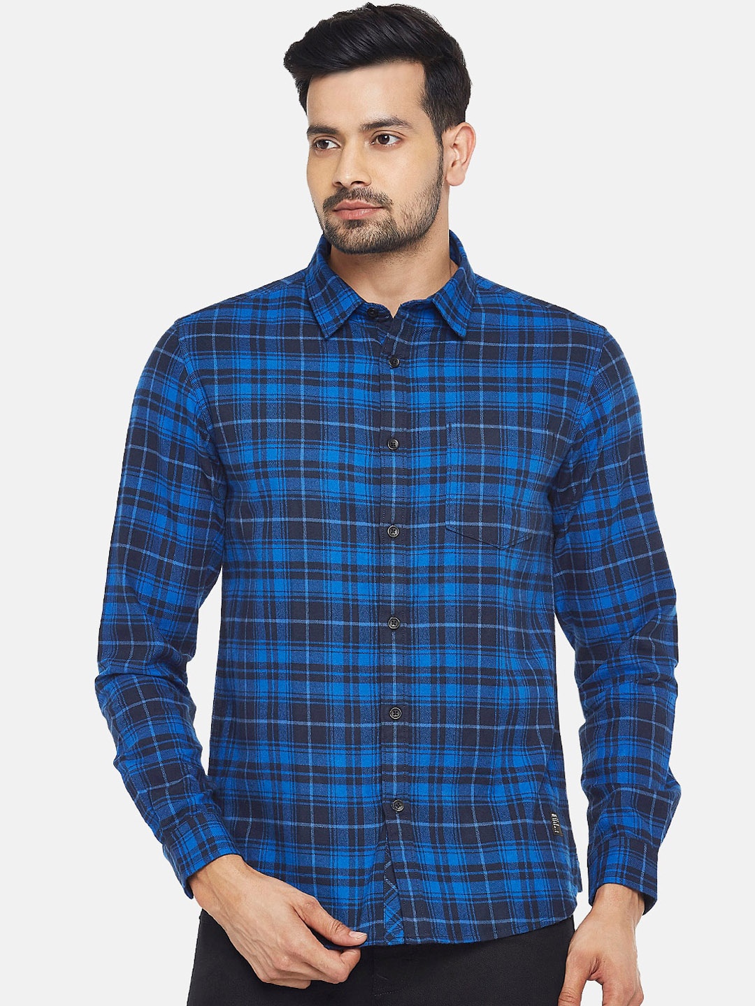 People Men Blue Slim Fit Tartan Checks Checked Casual Shirt