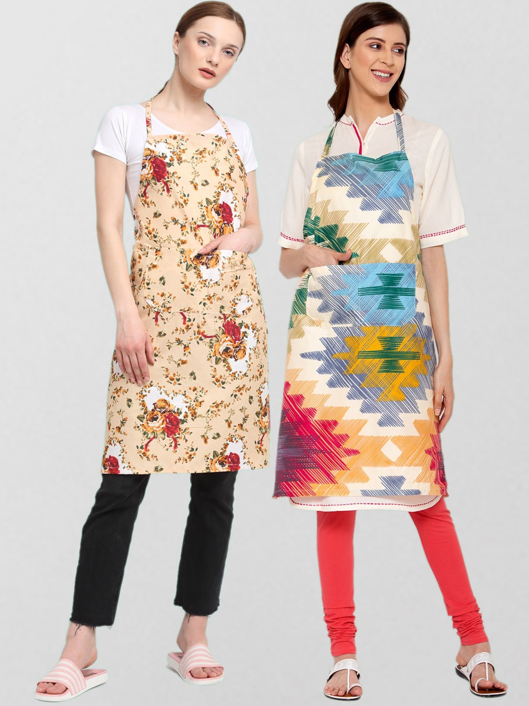KLOTTHE Unisex Pack Of 2 Printed 210TC Cotton Aprons, Beige