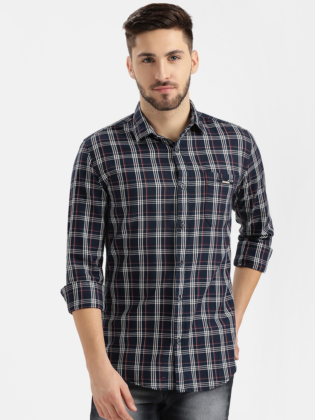 

V2 Value & Variety Men Navy Blue Slim Fit Cotton Tartan Checks Checked Casual Shirt