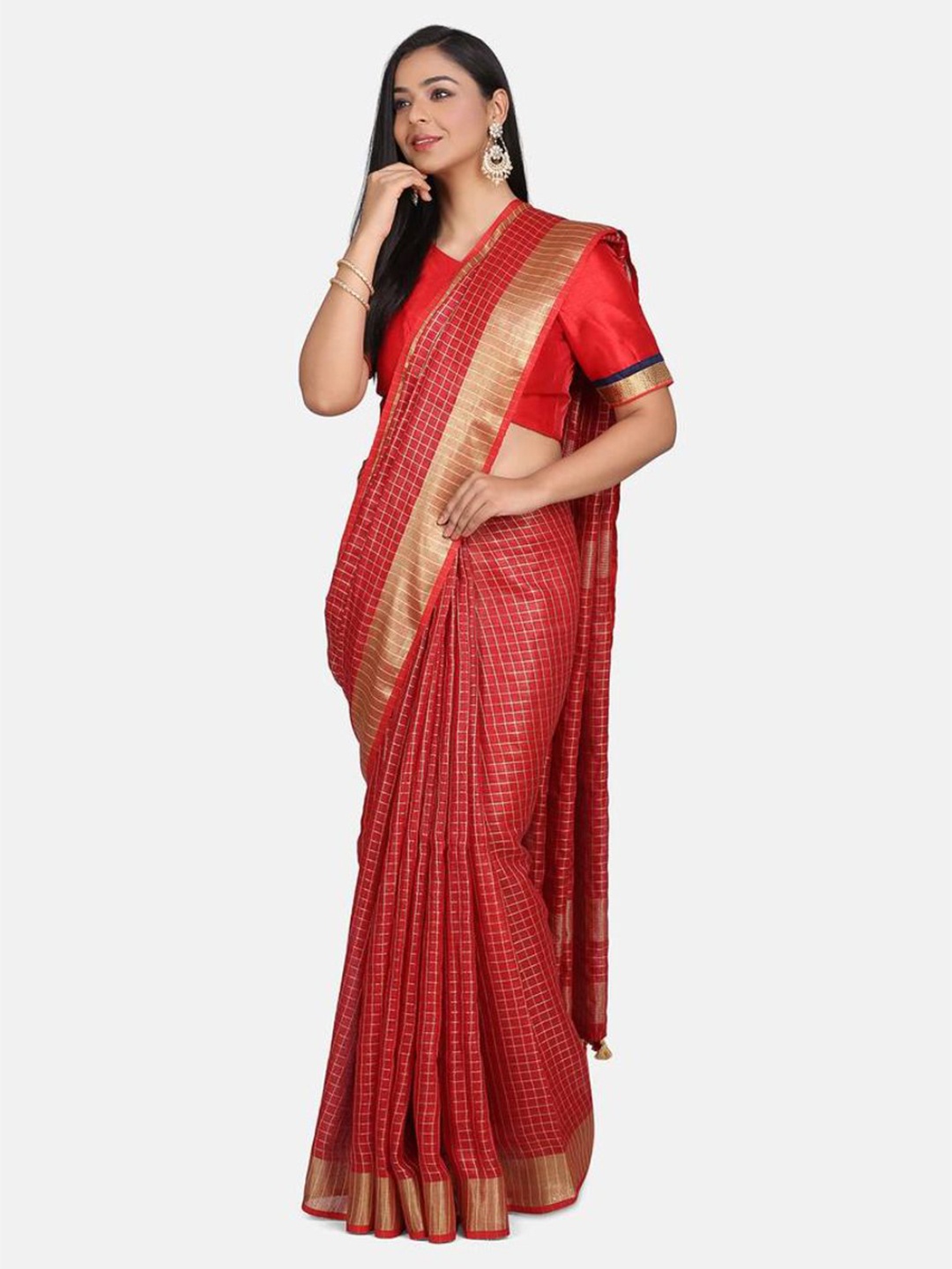 

Mirraw Red & Gold-Toned Checked Zari Linen Blend Saree
