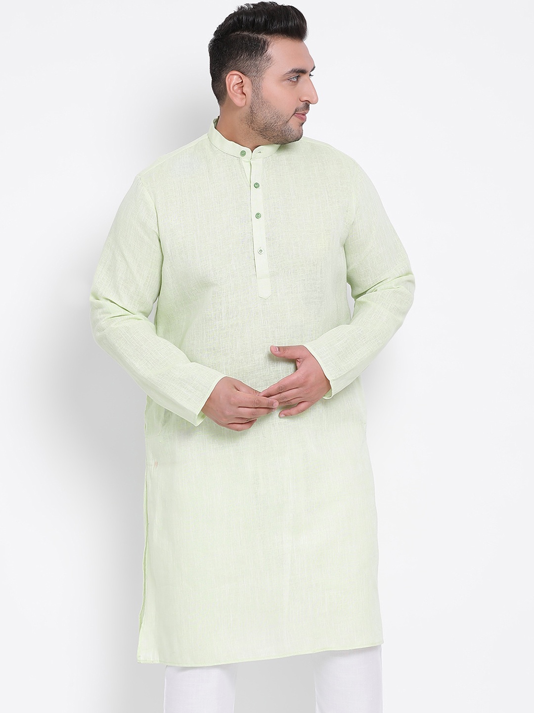 

Hangup Men Green Linen Sleeves Kurta