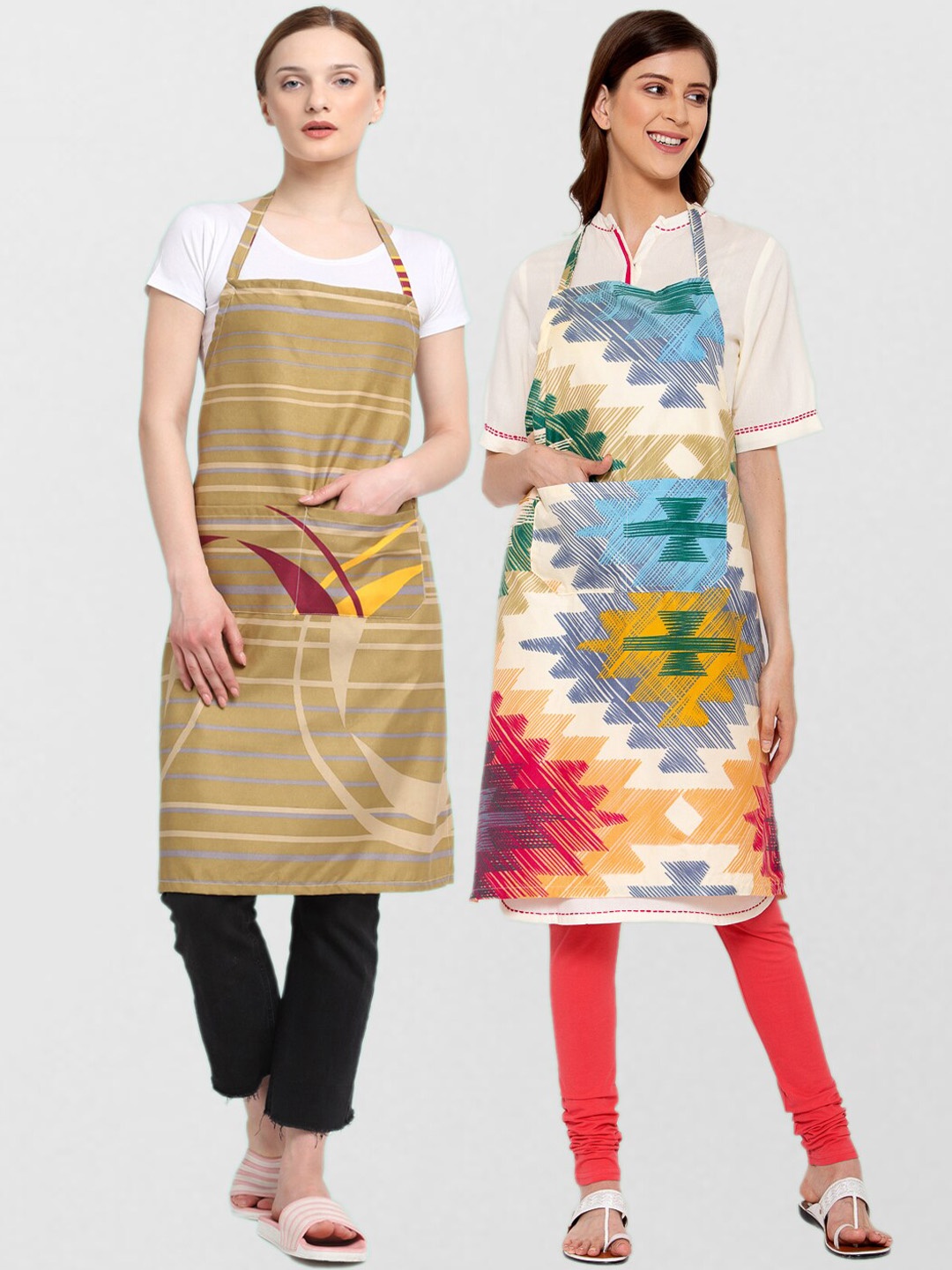 

KLOTTHE Pack Of 2 Printed 210 TC Cotton Aprons, Beige