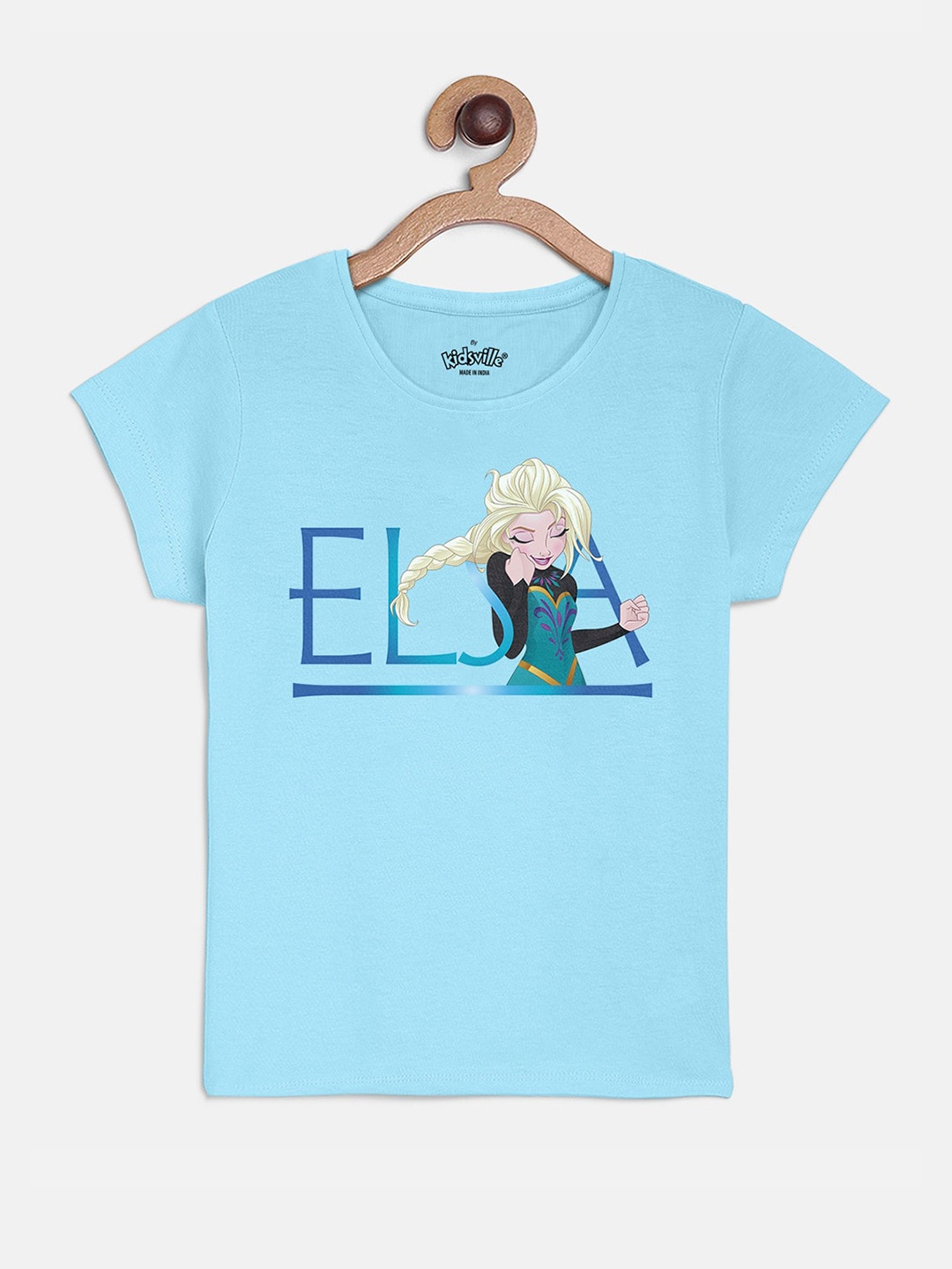 Kids Ville Girls Blue Frozen Printed Cotton Pure Cotton T-shirt