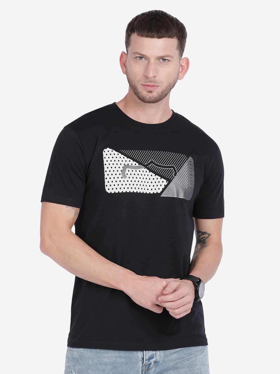 

883 Police Men Black & White Printed T-shirt