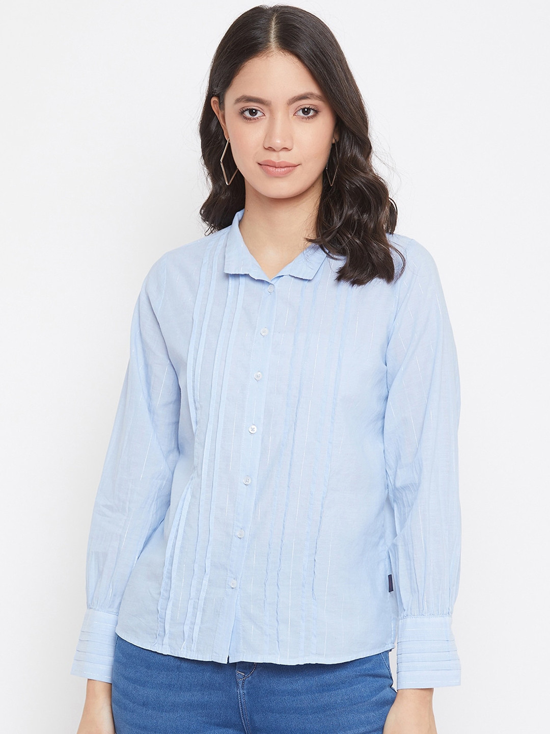 

Crimsoune Club Women Blue Slim Fit Striped Casual Shirt