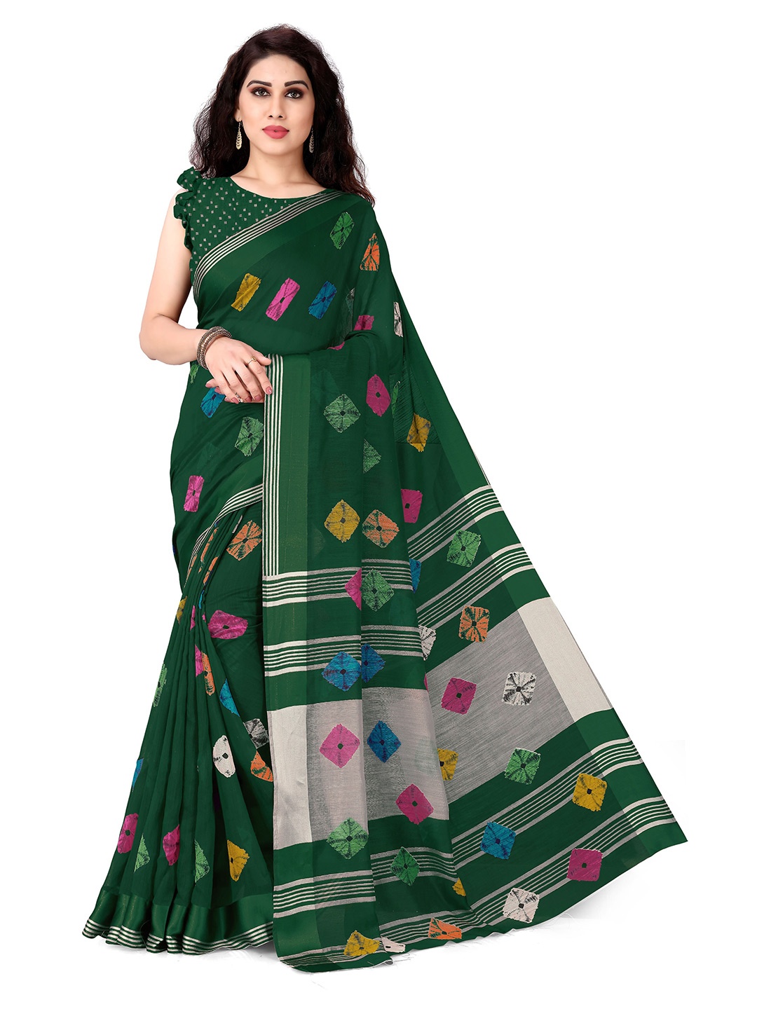 

KALINI Green & White Bandhani Saree