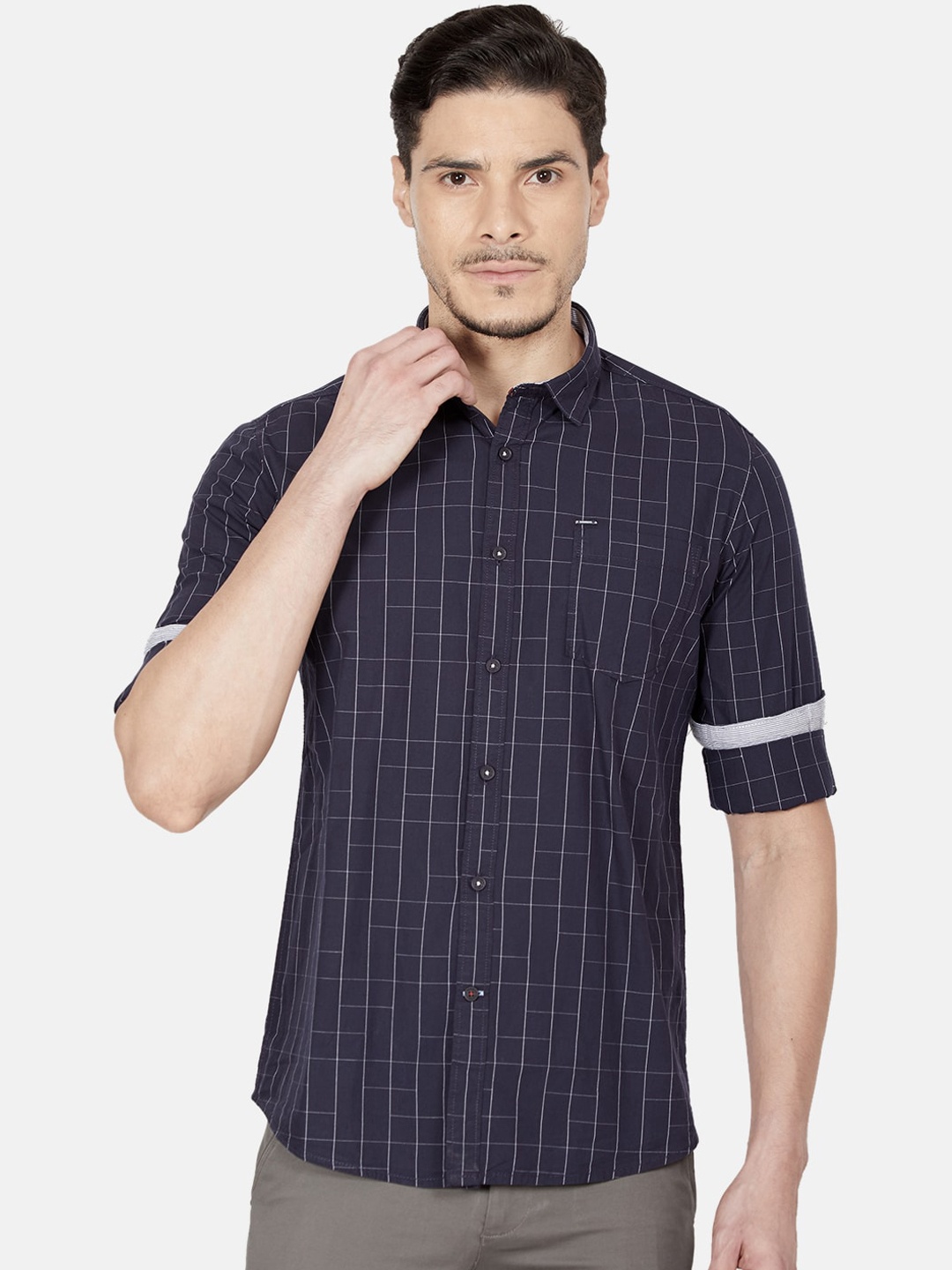 

Oxemberg Men Navy Blue Slim Fit Grid Tattersall Checks Cotton Casual Shirt