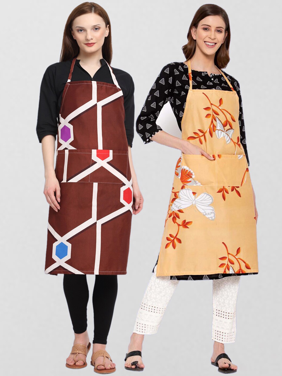 KLOTTHE Unisex Pack Of 2 Printed Cotton 210 TC Aprons, Brown