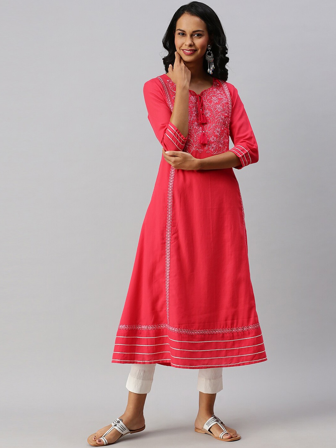 

Soch Women Pink Ethnic Motifs Yoke Design Kantha Work Kurta
