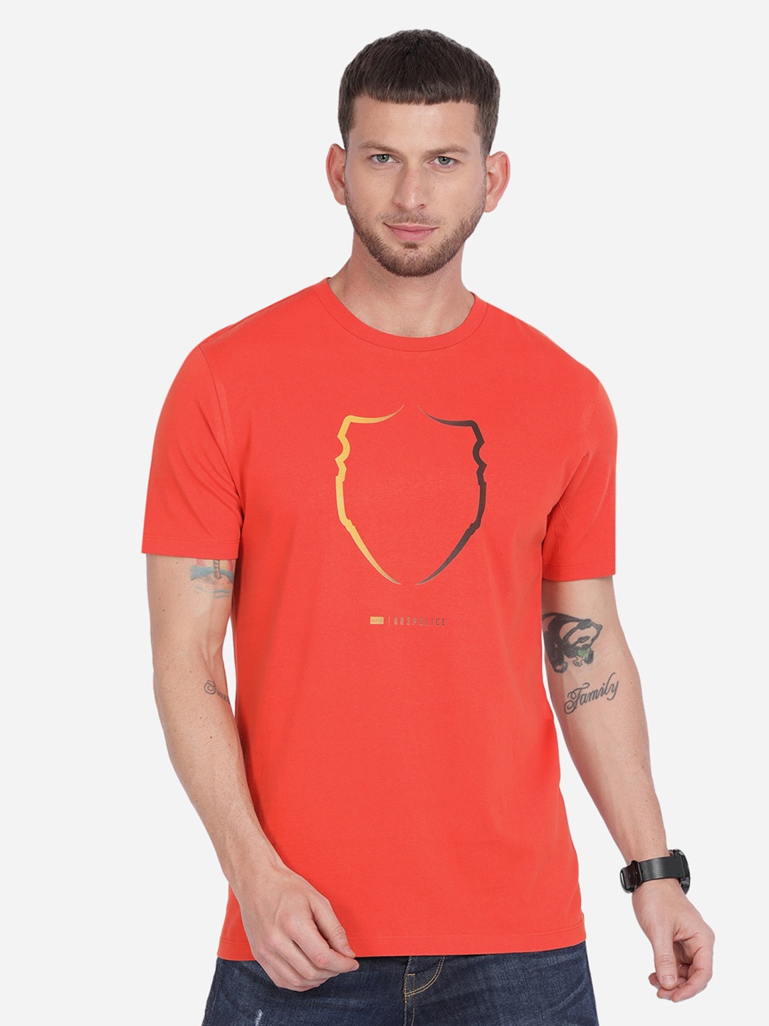 

883 Police Men Orange Printed Cotton T-shirt