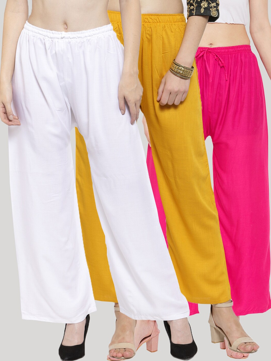 Clora Creation Women 3 Knitted Palazzos, Mustard