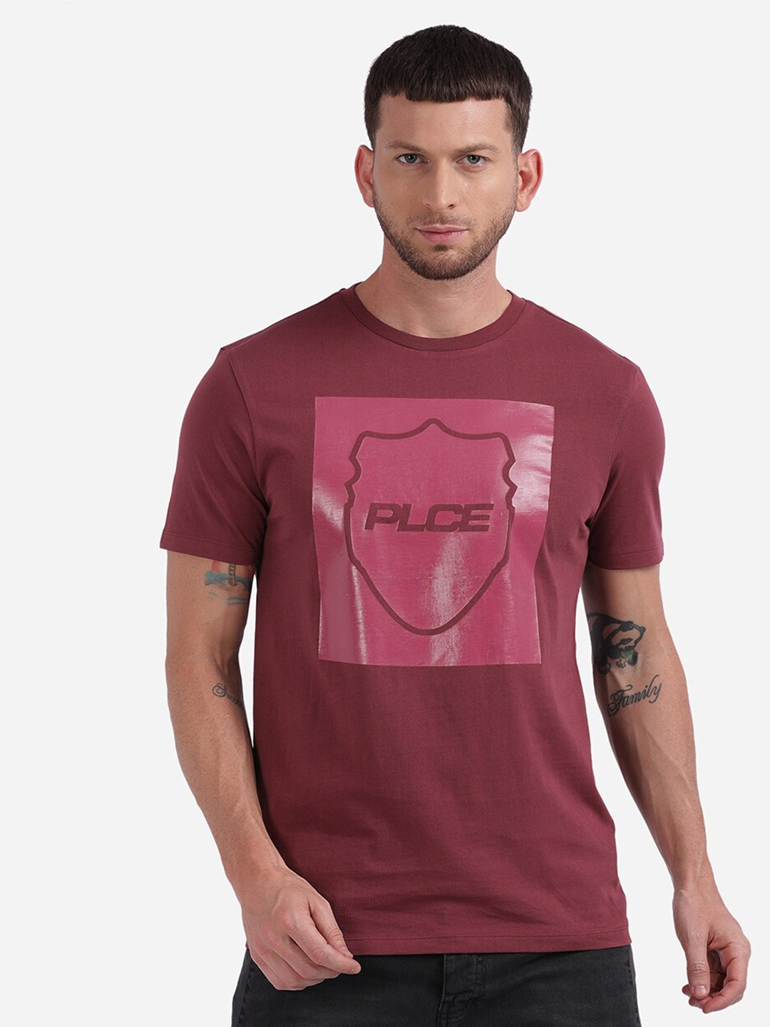 

883 Police Men Maroon Typography Cotton Printed T-shirt
