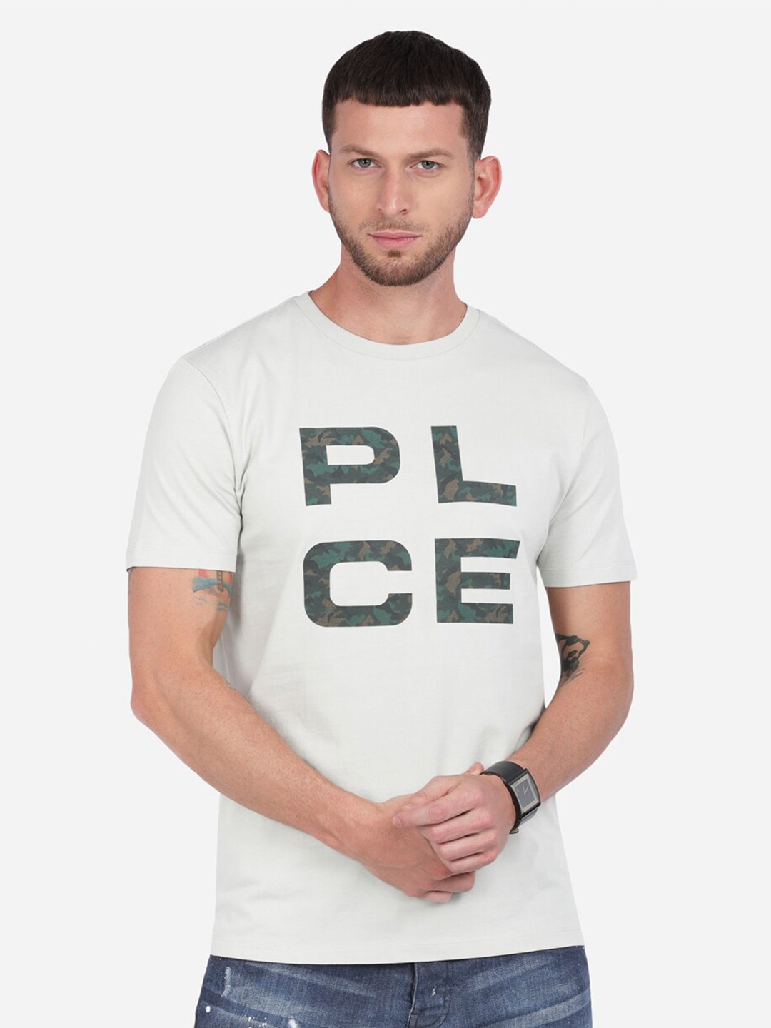 

883 Police Men Grey Typography Cotton Printed T-shirt
