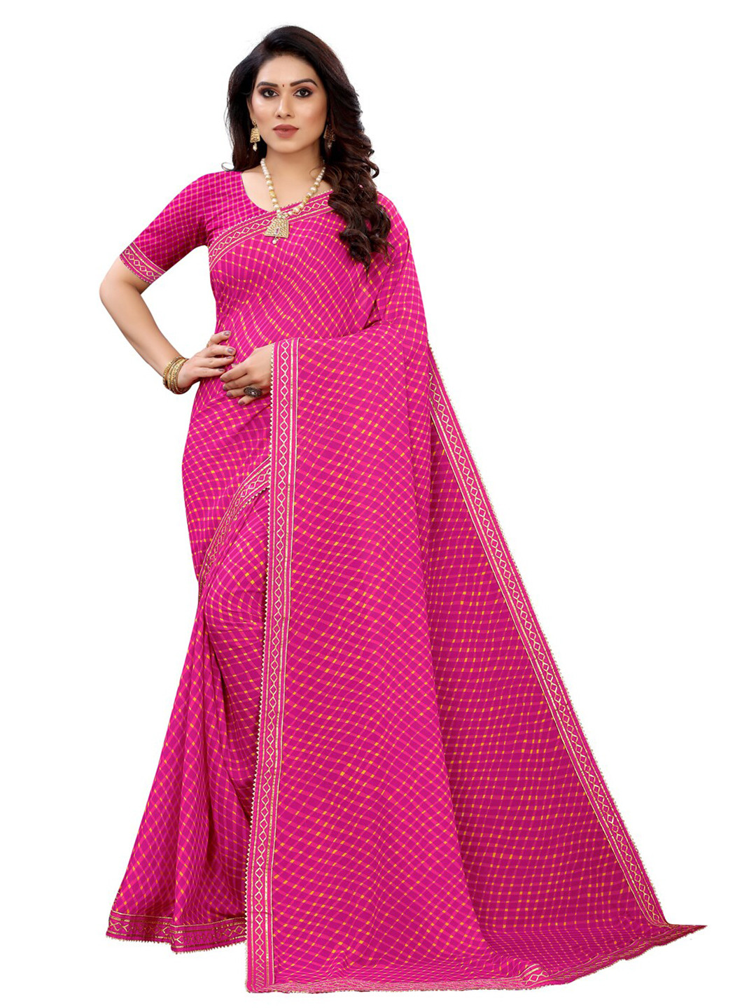 

KALINI Pink & Yellow Checked Pure Georgette Saree