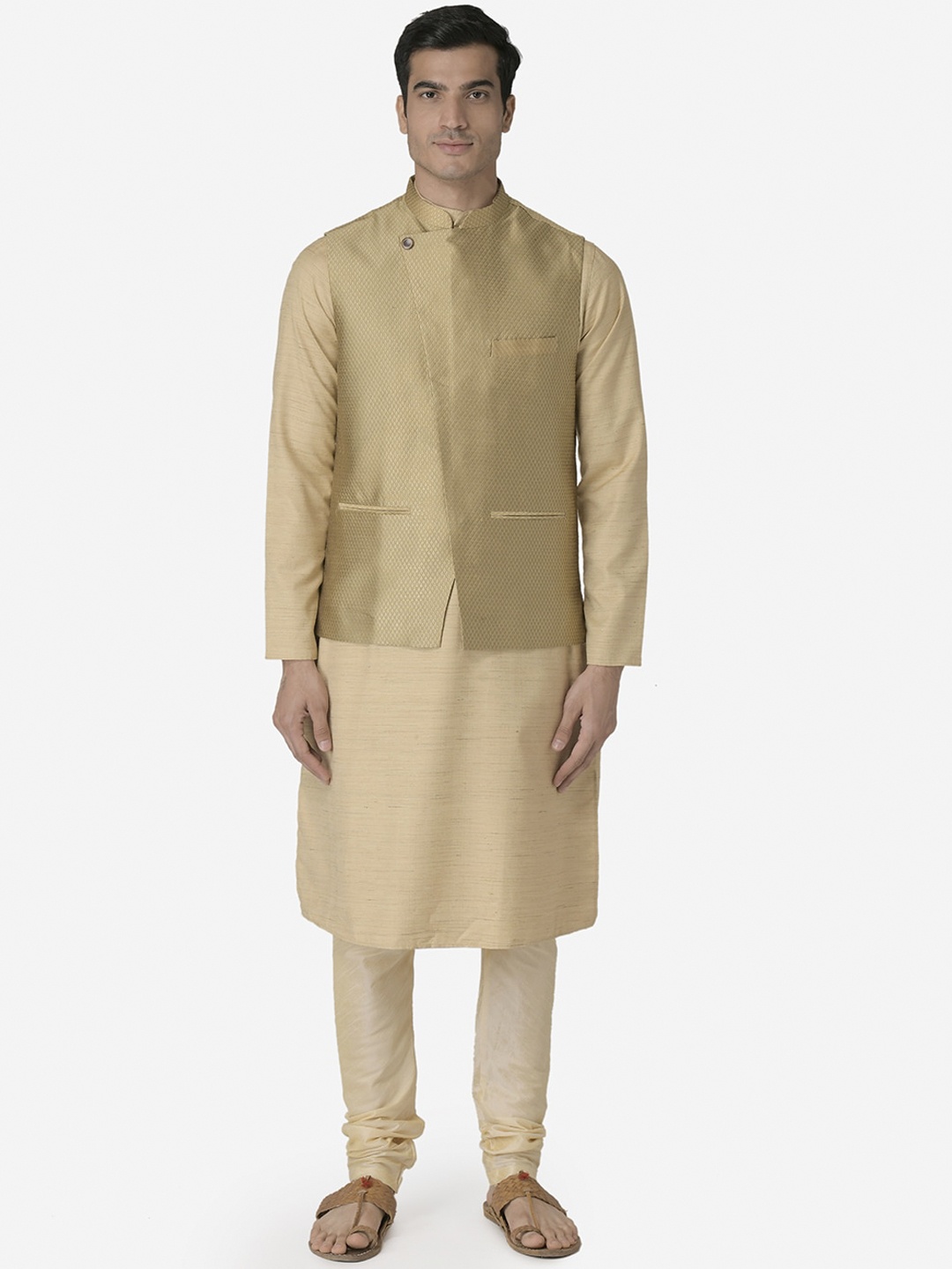 

TABARD Men Beige Pure Silk Kurta with Churidar With Nehru Jacket