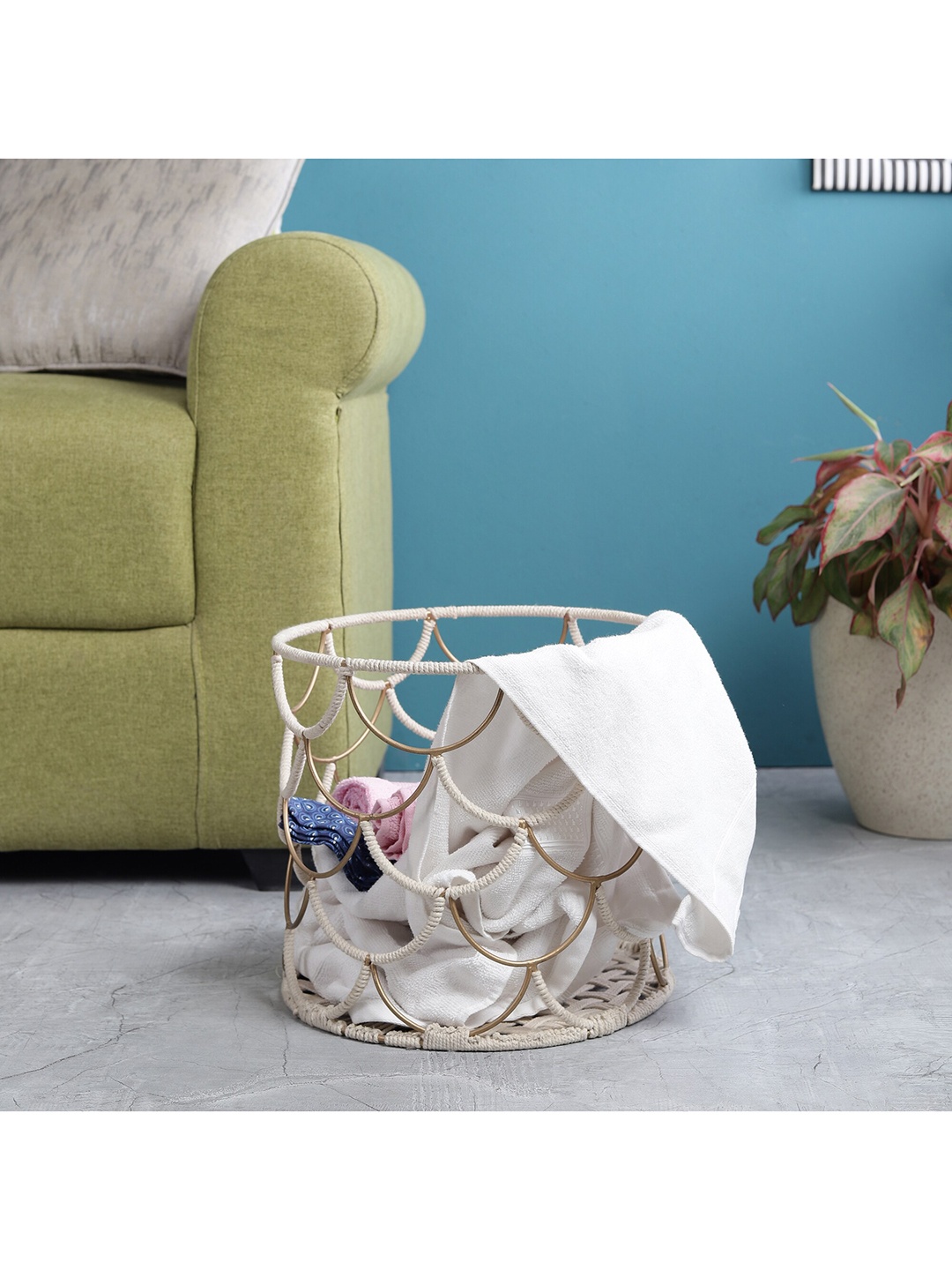 

The Decor Mart Off White Handmade Macrame & Metal Wire Frame Multipurpose Basket