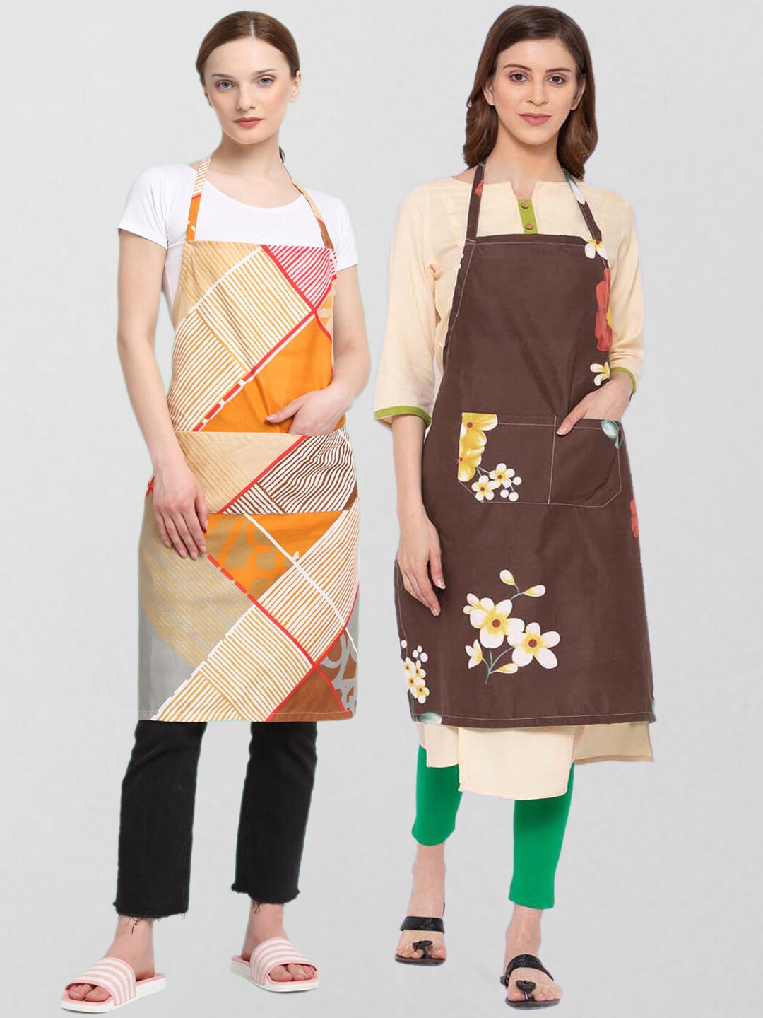 

KLOTTHE Pack Of 2 Printed 210 TC Cotton Aprons, Brown