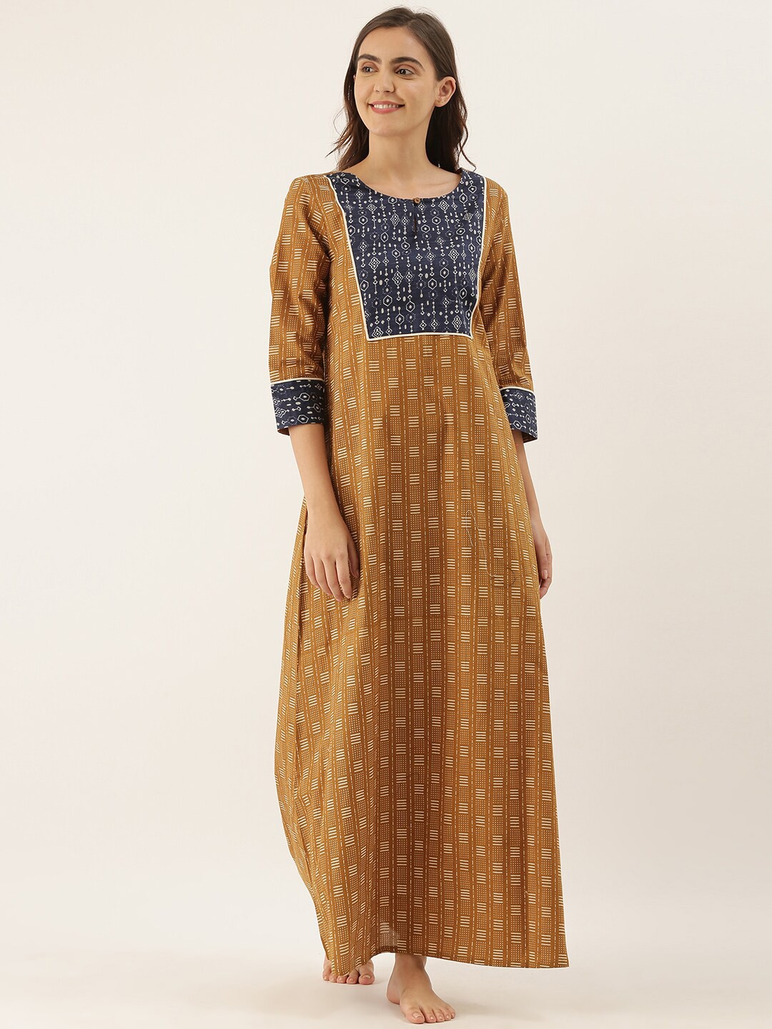 

Bannos Swagger Brown Geometric Printed Maxi Nightdress SW-SB-N-54-YLW