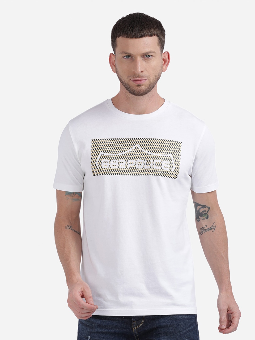 

883 Police Men White & Olive Green Typography Printed T-shirt