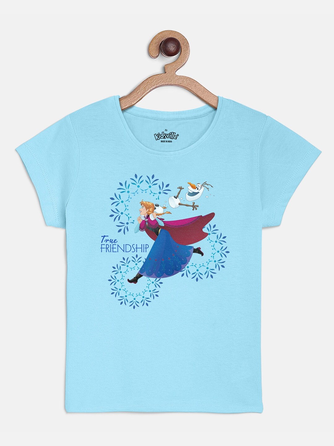 

Kids Ville Girls Blue Frozen Printed Cotton Pure Cotton T-shirt