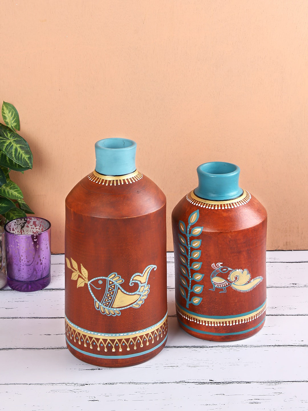 

Aapno Rajasthan Set Of 2 Red & Blue Madhubani Handcrafted Vases
