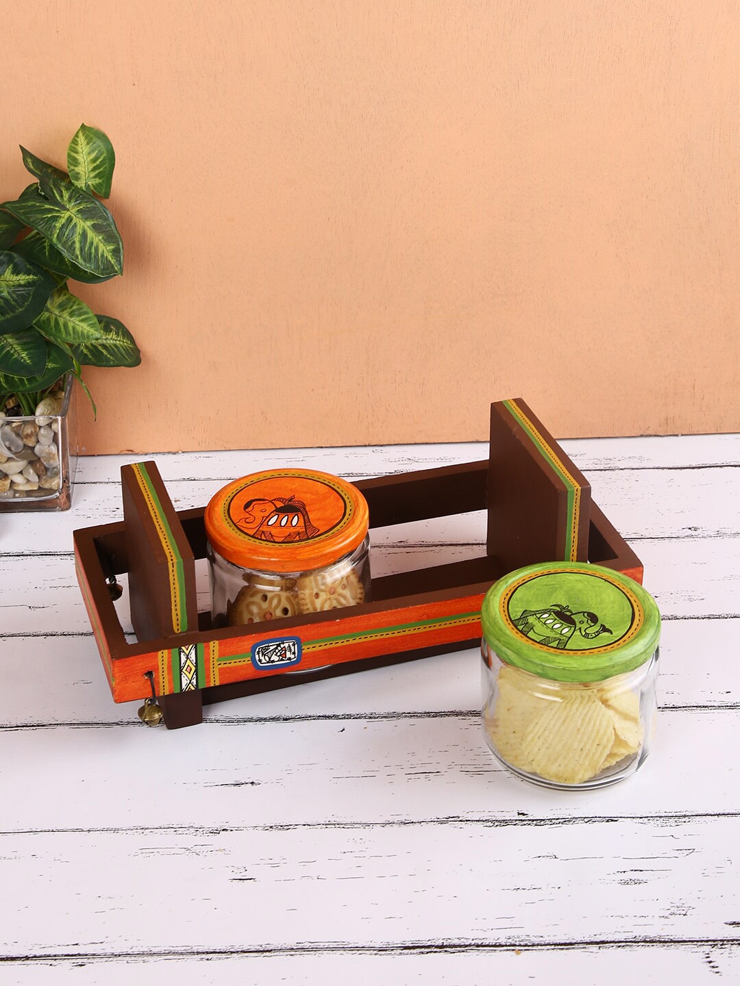 

Aapno Rajasthan Brown Wooden Tray with Two Big Glass Jar