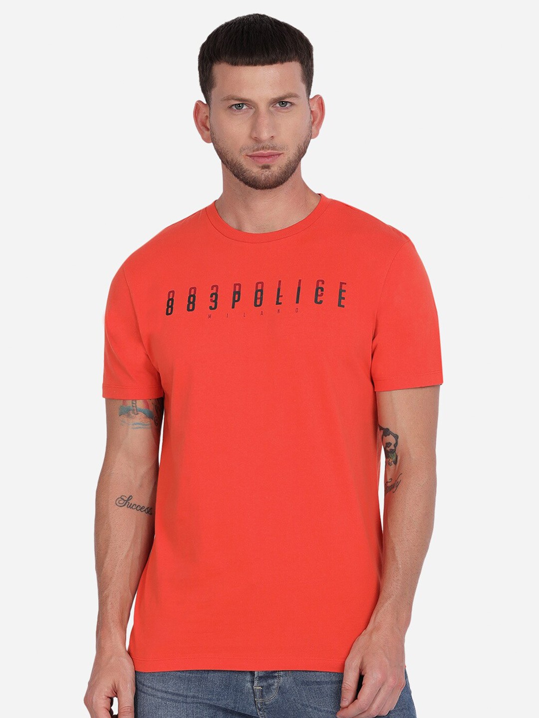 

883 Police Men Orange Typography Printed Cotton T-shirt
