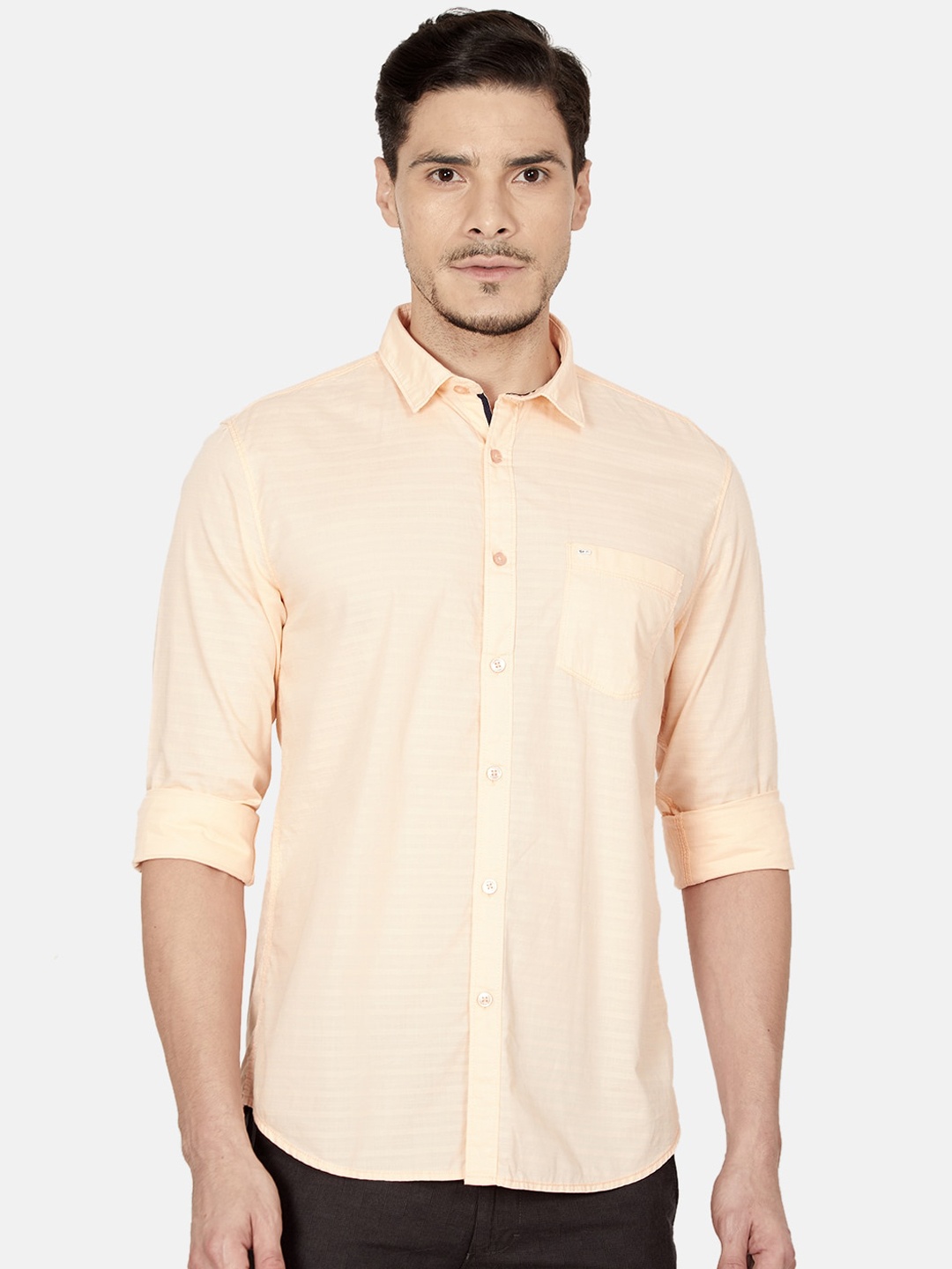 

Oxemberg Men Peach-Coloured Slim Fit Horizontal Stripes Cotton Casual Shirt