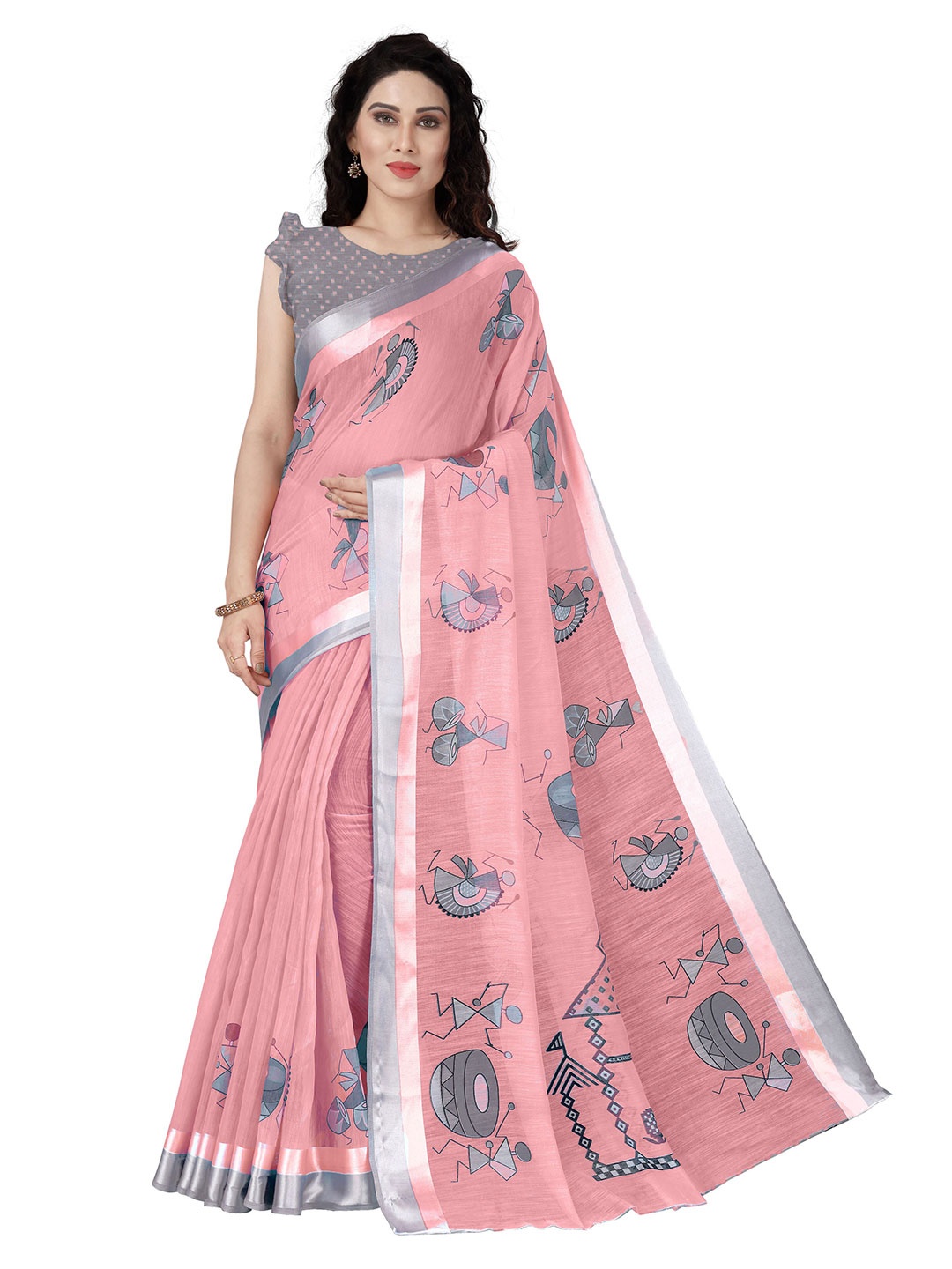 

KALINI Pink & Grey Warli Polycotton Saree