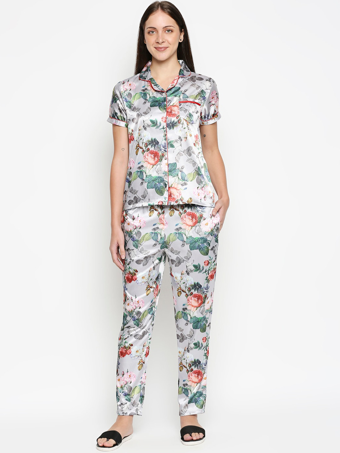 

XIN Women Grey & Pink Printed Night suit