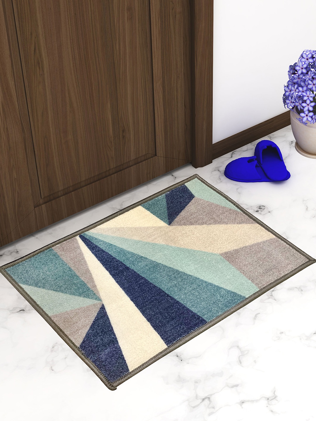 

Athom Trendz Set Of 3 Beige & Blue Printed Premium Anti-Skid Doormats