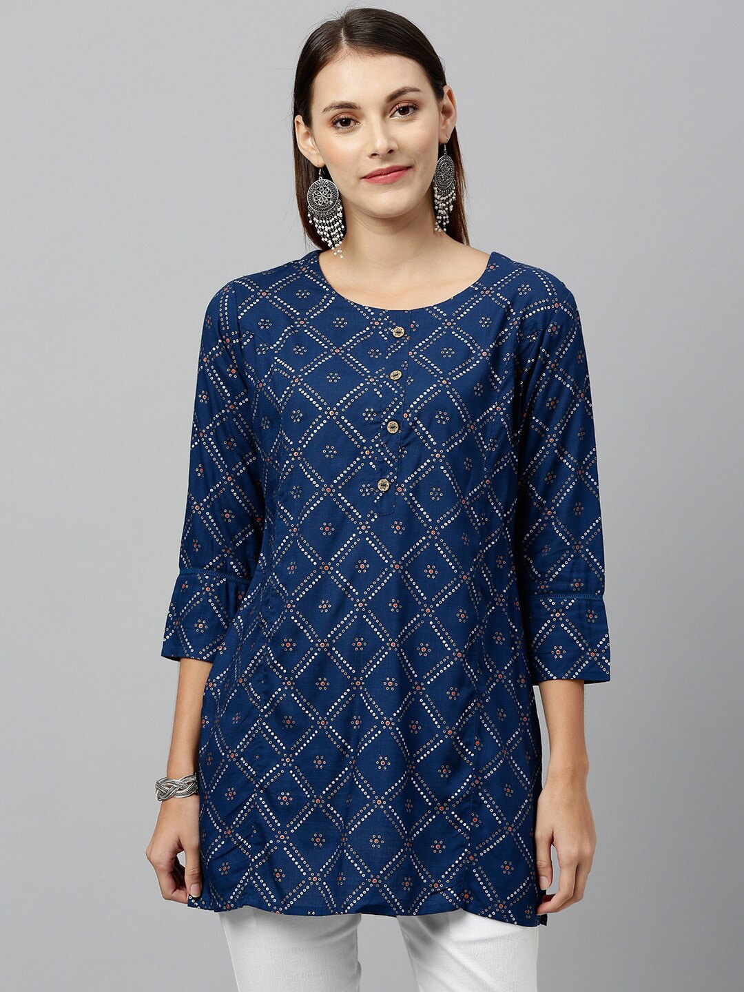 

kipek Navy Blue & Gold-Coloured Viscose Rayon Printed Tunic