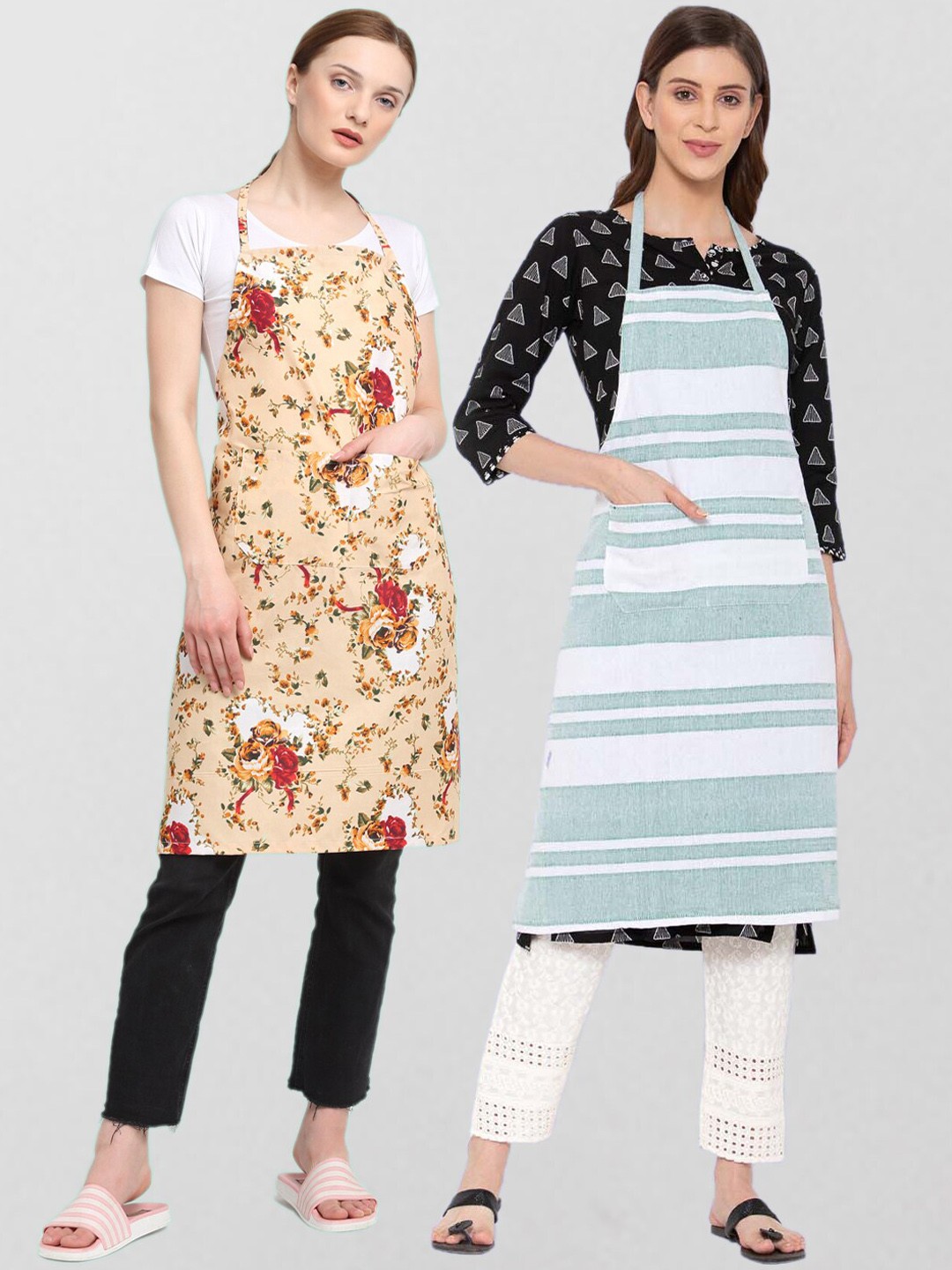 

KLOTTHE Pack Of 2 Printed 210 TC Cotton Aprons, Beige