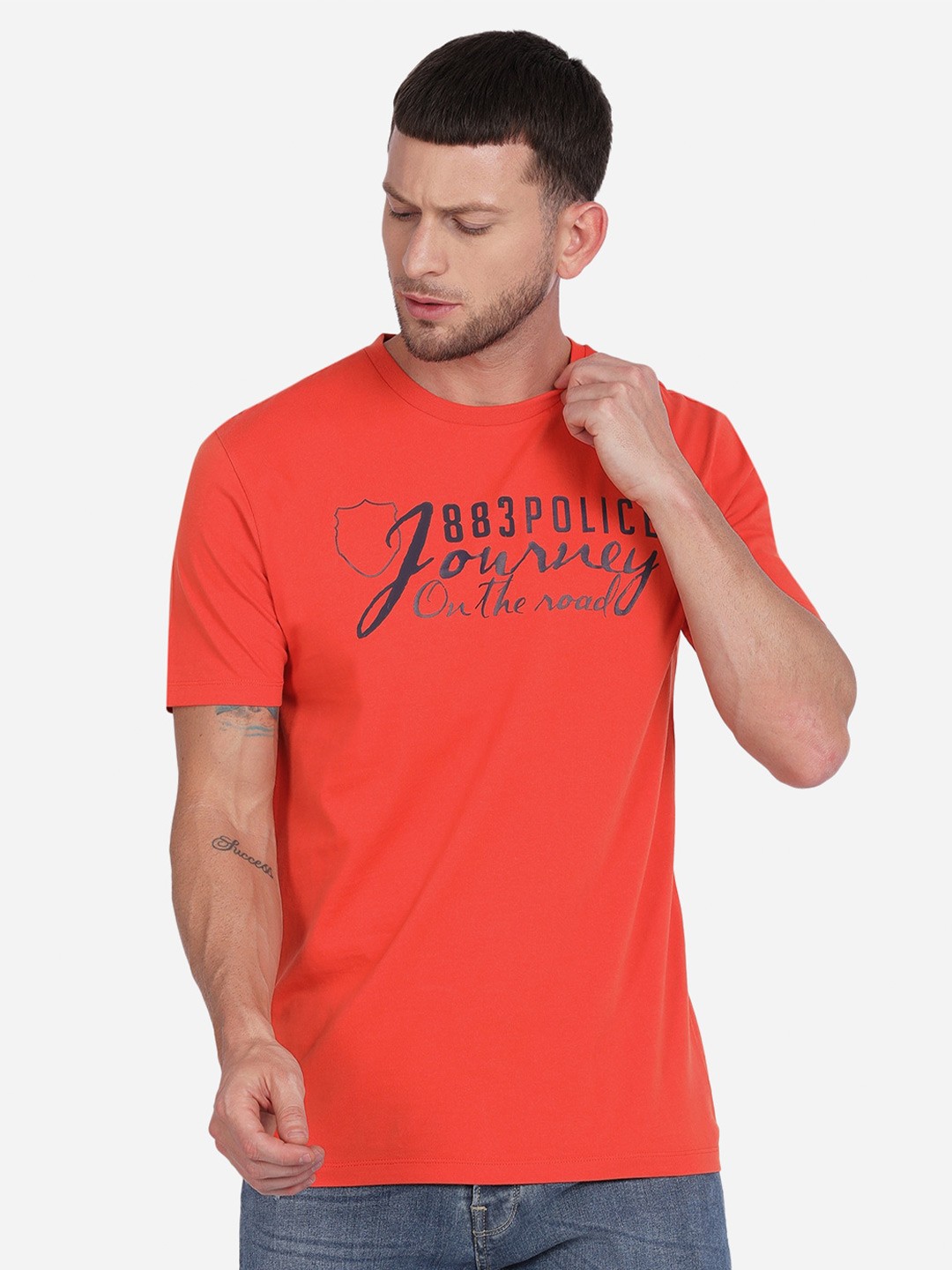 

883 Police Men Orange Typography Printed Cotton T-shirt