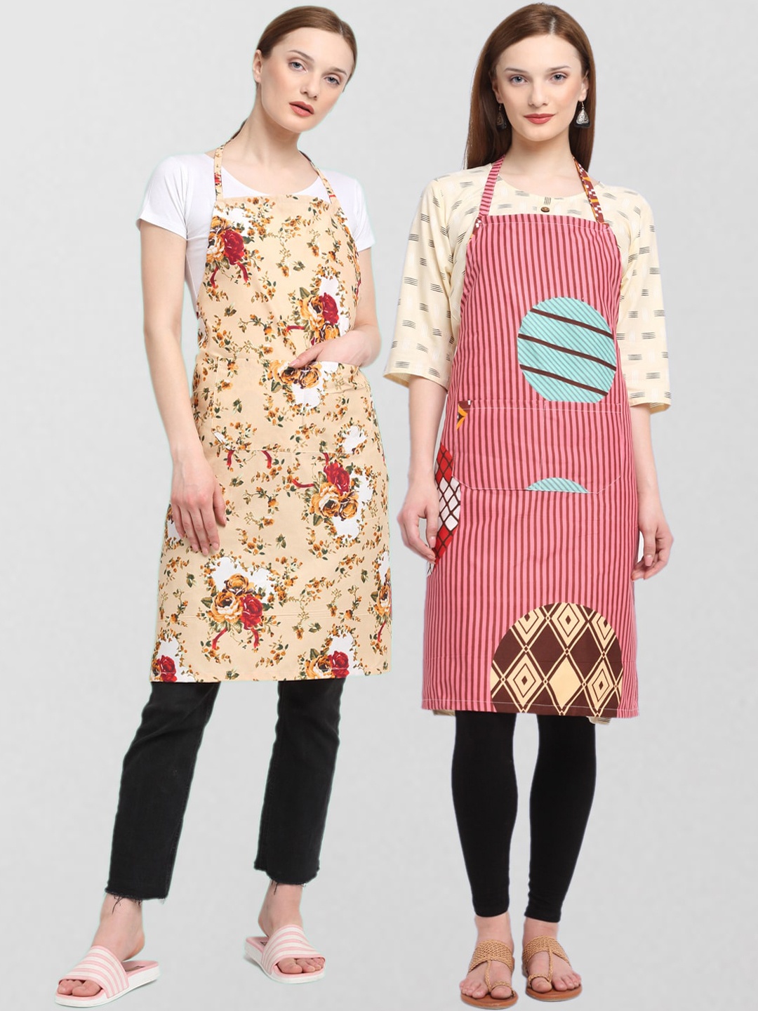

KLOTTHE Unisex Pack Of 2 Printed Cotton 210 TC Aprons, Pink