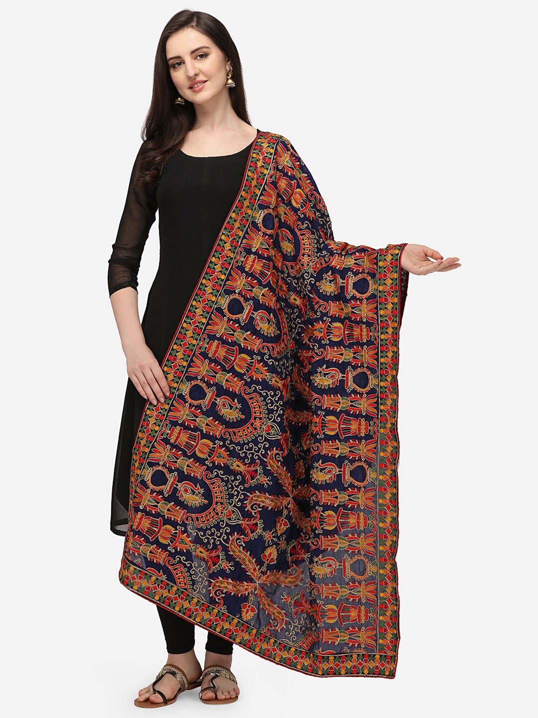 

VASTRANAND Navy Blue & Red Ethnic Motifs Embroidered Dupatta with Thread Work