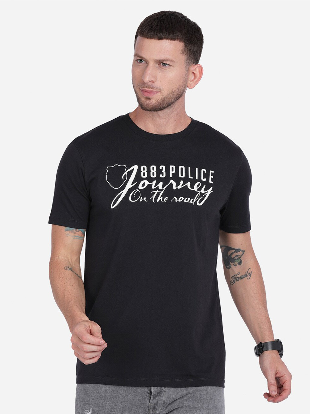 

883 Police Men Black Typography Printed Applique T-shirt