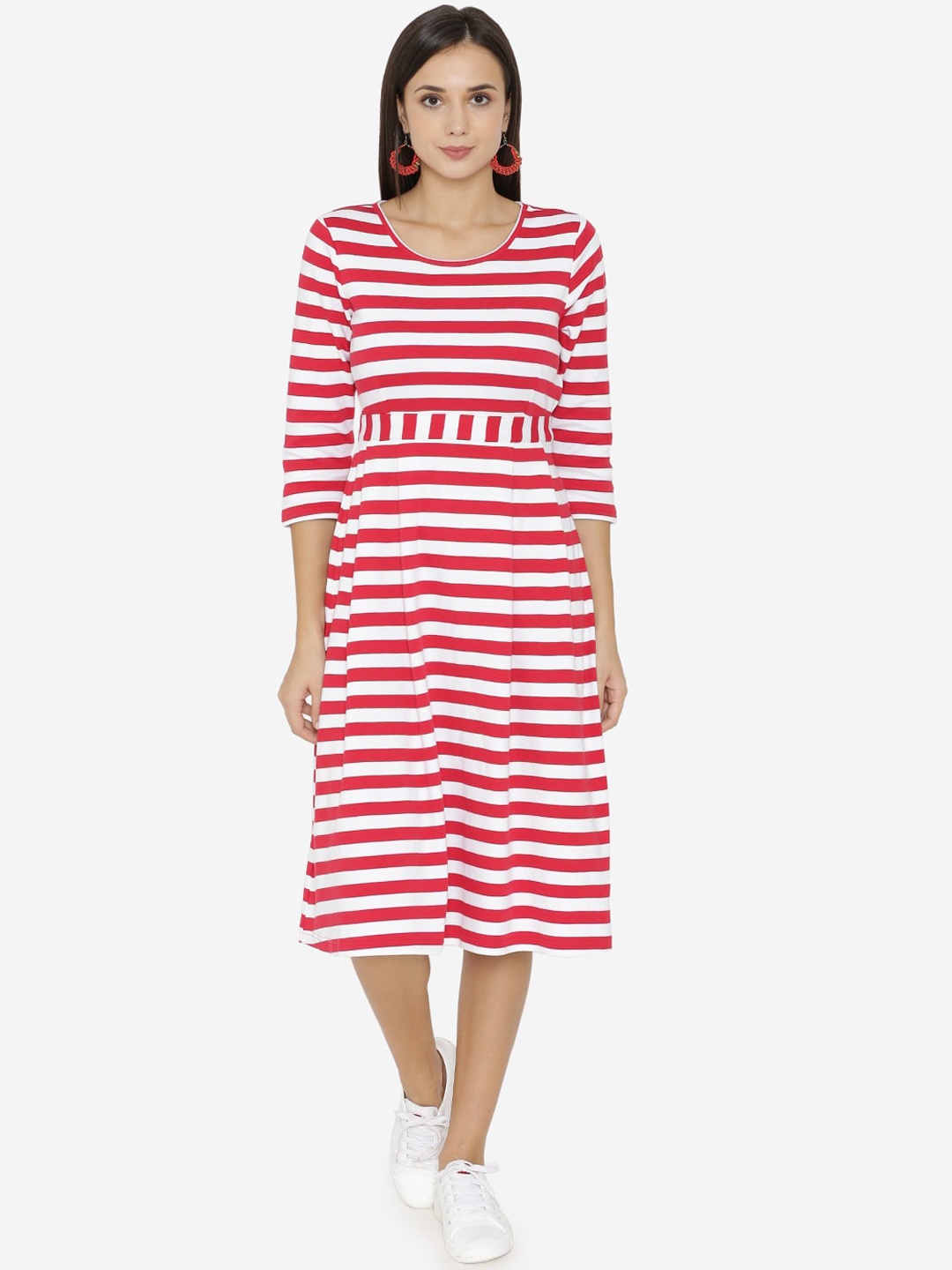 

Yaadleen Red & White Striped Georgette A-Line Midi Dress