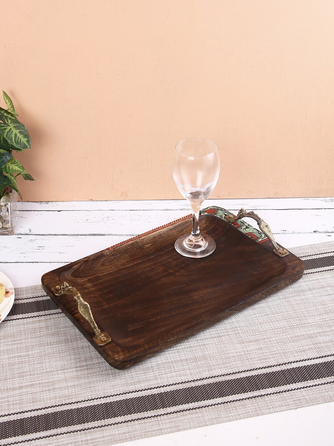 

Aapno Rajasthan Brown & Gold-Toned Handcrafted Rectangular Wooden Tray With Designer Handles