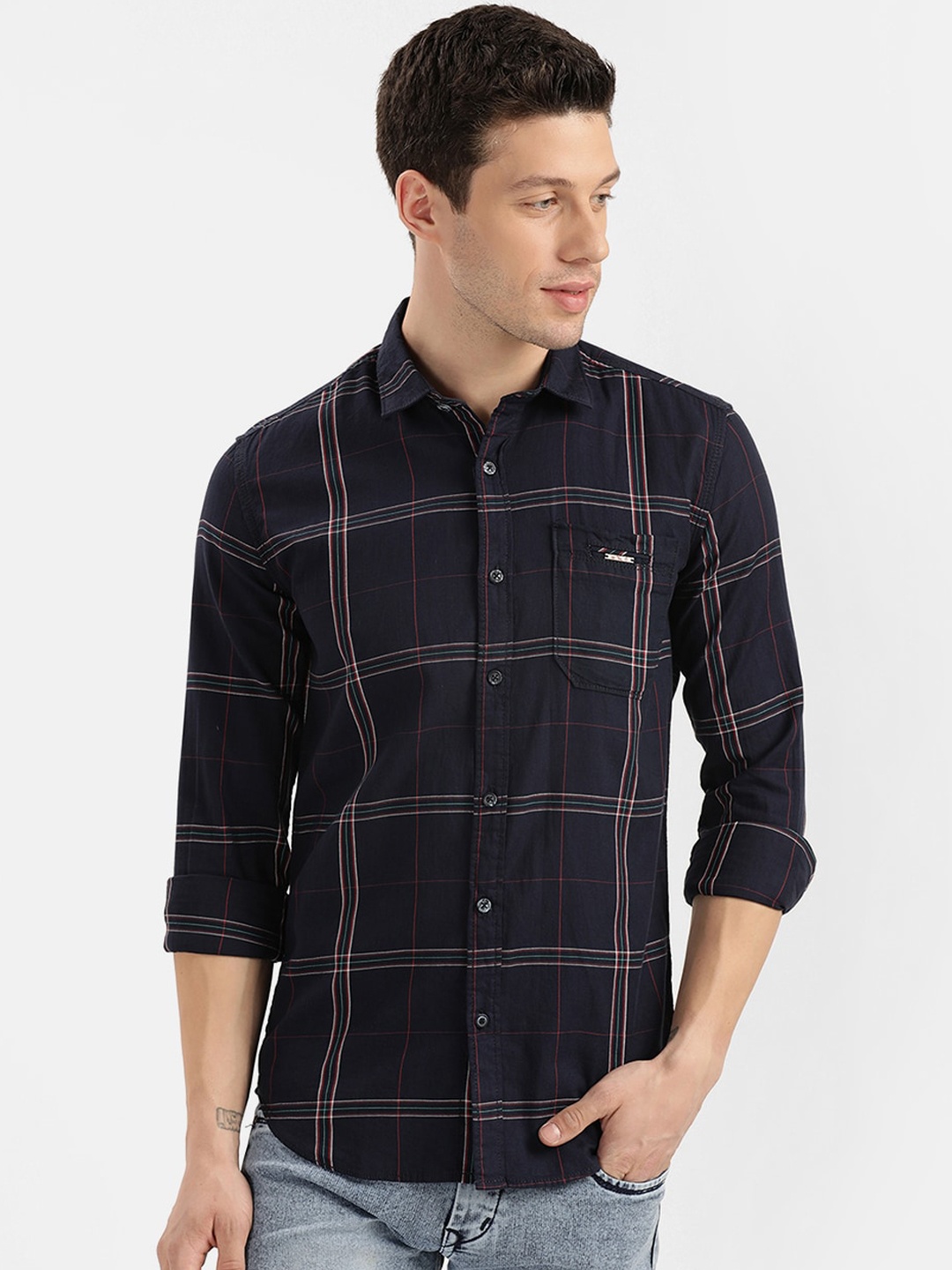 

V2 Value & Variety Men Navy Blue Slim Fit Tartan Checks Checked Casual Shirt