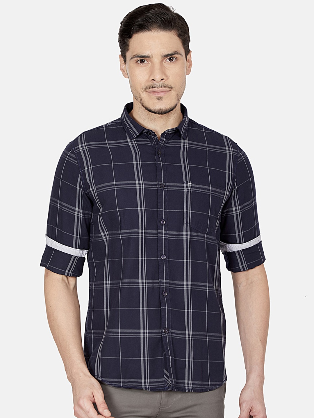 

Oxemberg Men Navy Blue Slim Fit Windowpane Checks Checked Casual Shirt