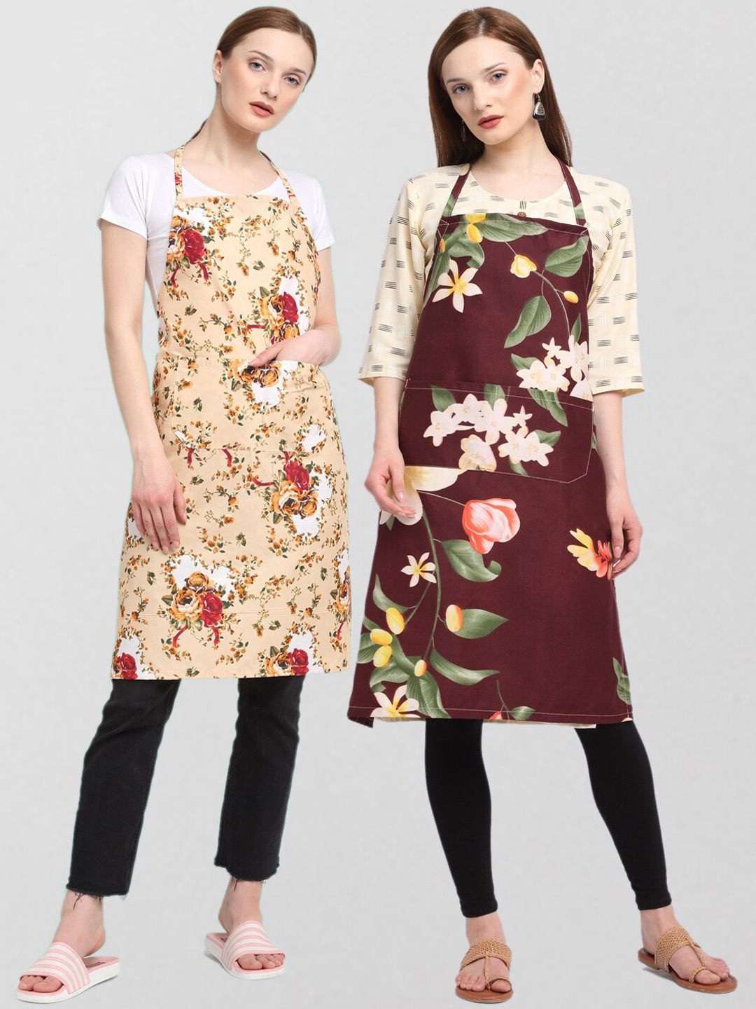 

KLOTTHE Unisex Pack Of 2 Cotton Printed 210 TC Aprons, Brown