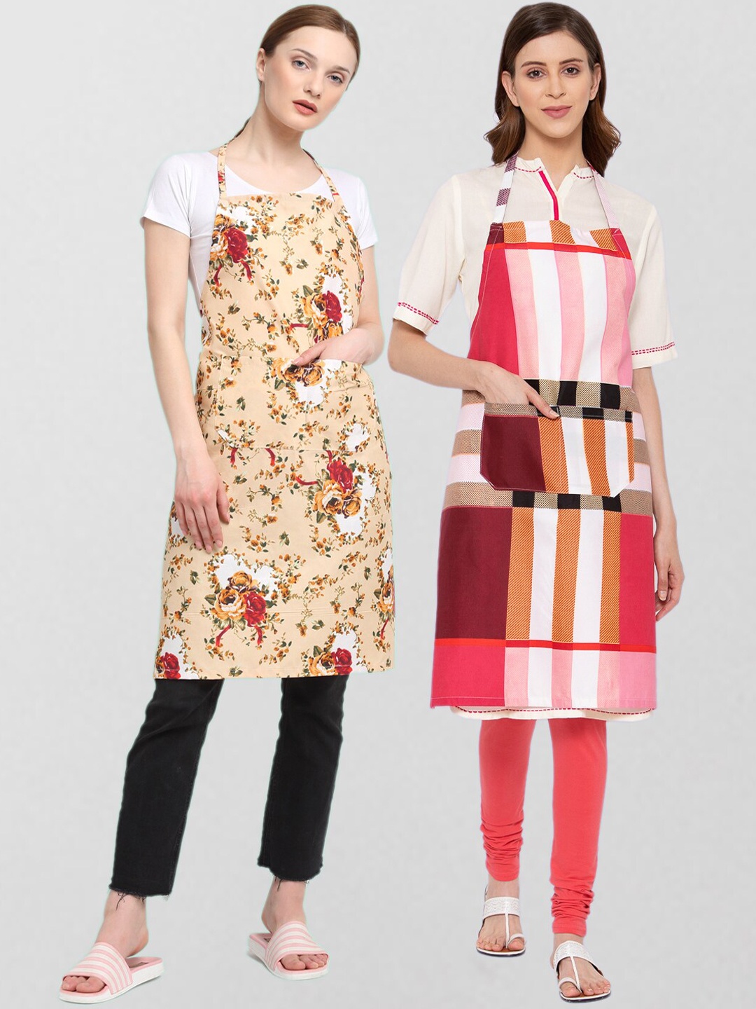 

KLOTTHE Pack Of 2 Printed 210 TC Cotton Aprons, Beige