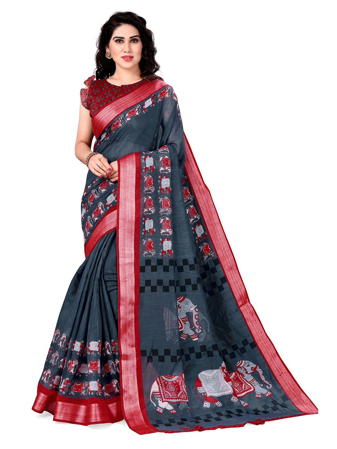 

KALINI Grey & Red Ethnic Motifs Baluchari Saree