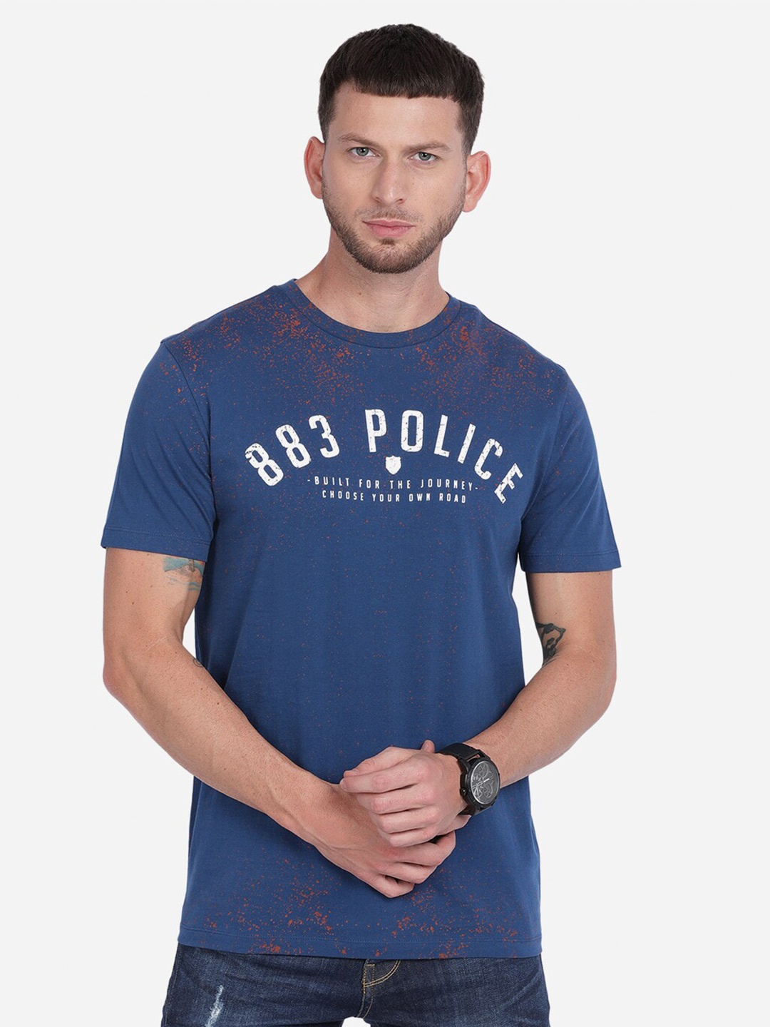 

883 Police Men Blue Brand Logo Printed T-shirt