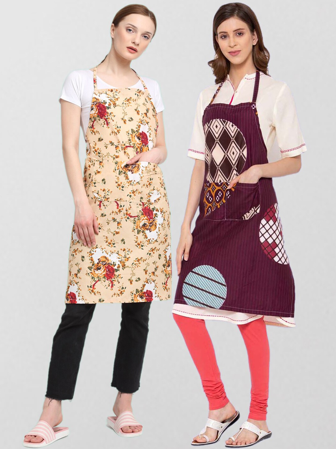 

KLOTTHE Pack Of 2 Printed 210TC Cotton Aprons, Beige
