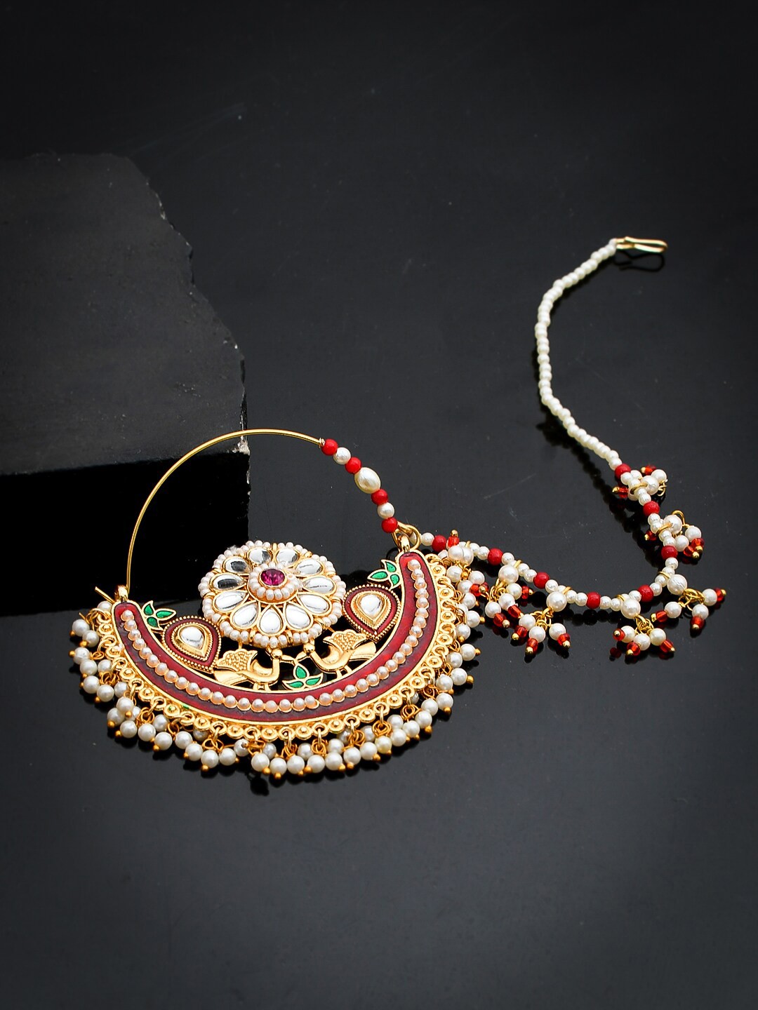 

Silvermerc Designs Gold-Plated Red & White Stone-Studded & Pearl Beaded Jodha Meenakari Nose Ring